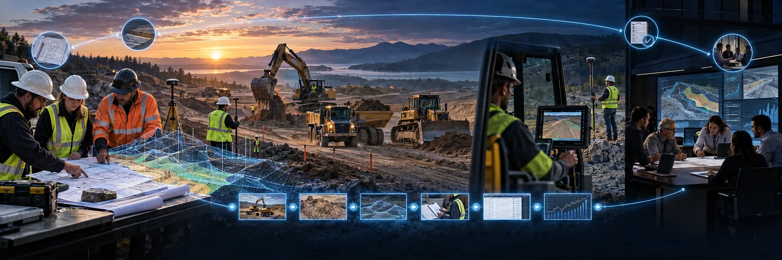Civil construction workflow from plans and model through field production, reconciliation and reviewed learning