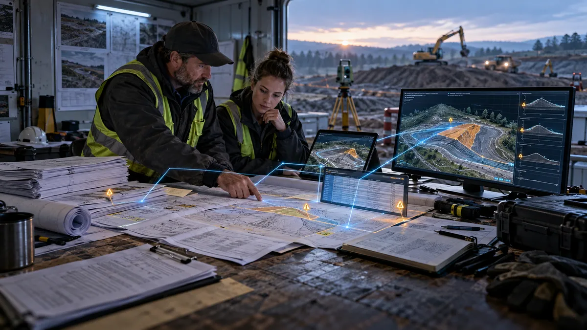 Source documents and survey evidence linked to a terrain model under human review